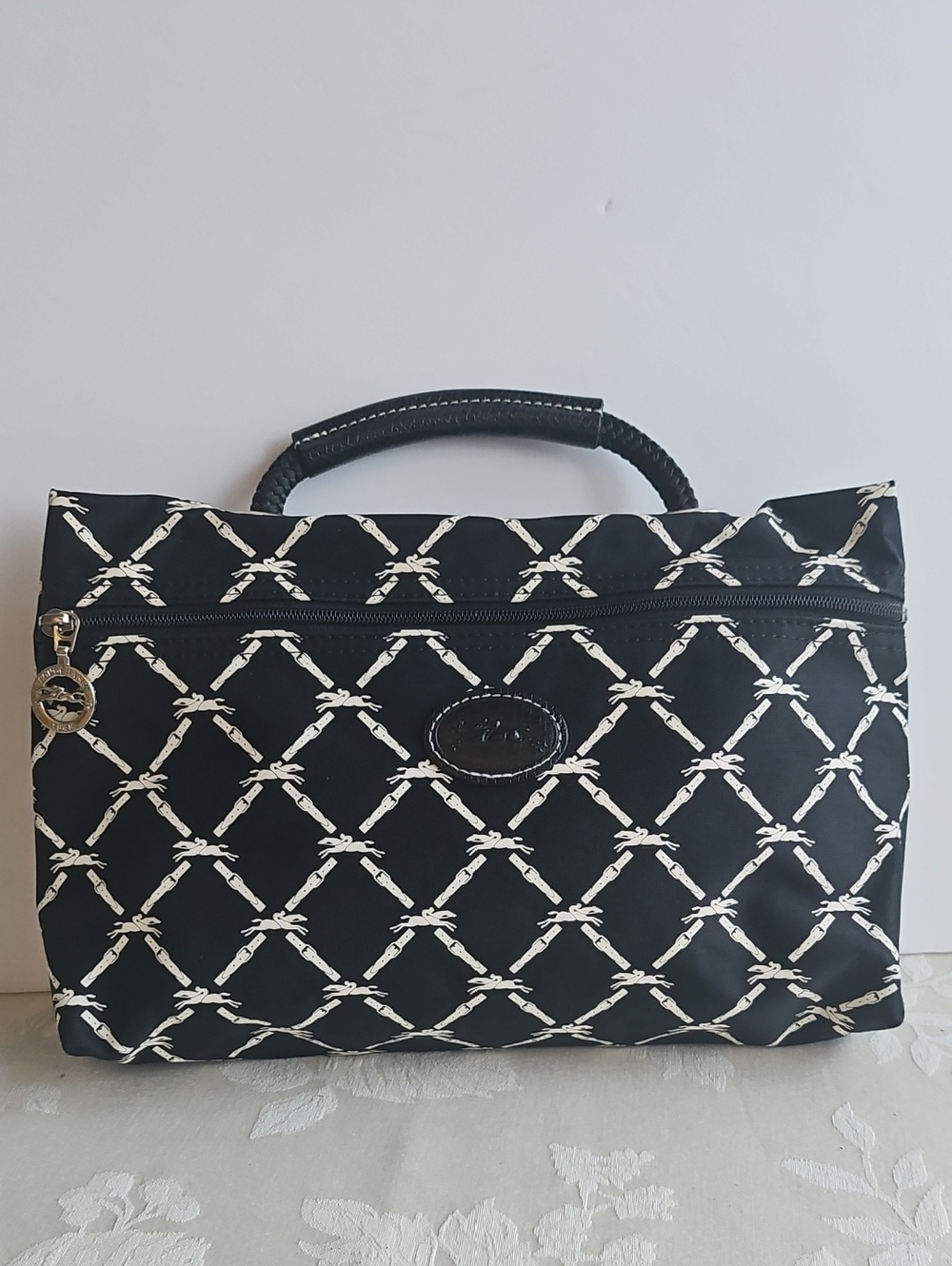 Longchamp Black with White Nylon Chain-Print Clutch/ Pouch.